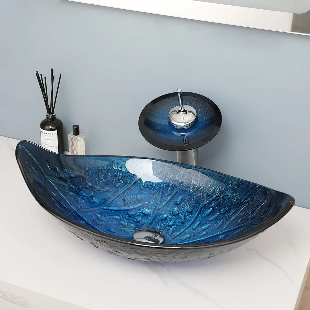 Oval Vessel Tempered Glass Waterfall Faucet Combo Sink