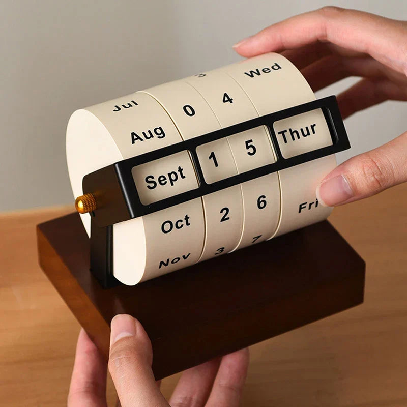 Mid-Century Rotating Wooden Perpetual Desk Calendar