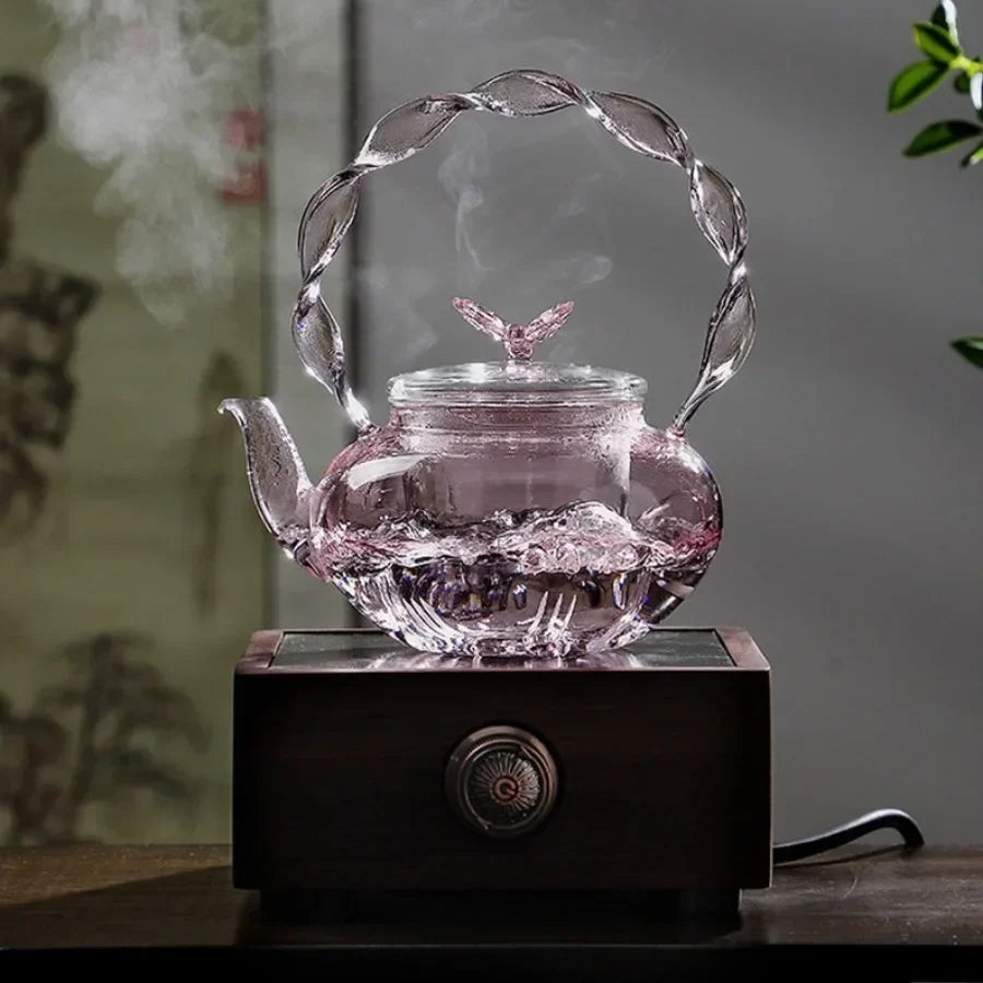 Floral Lid Design Tea Infuser Glass Teapot