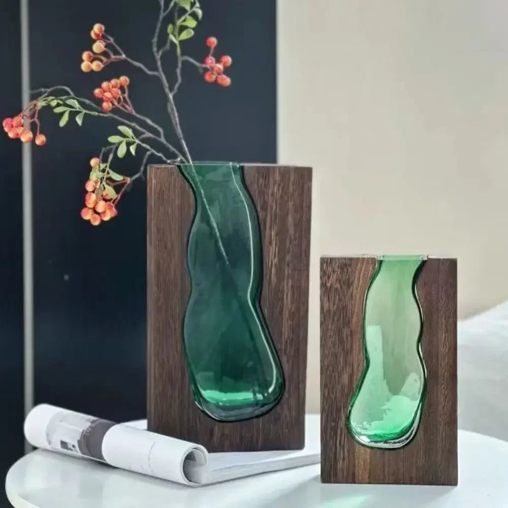 Geometric Wooden Glass Accent Flower Vase