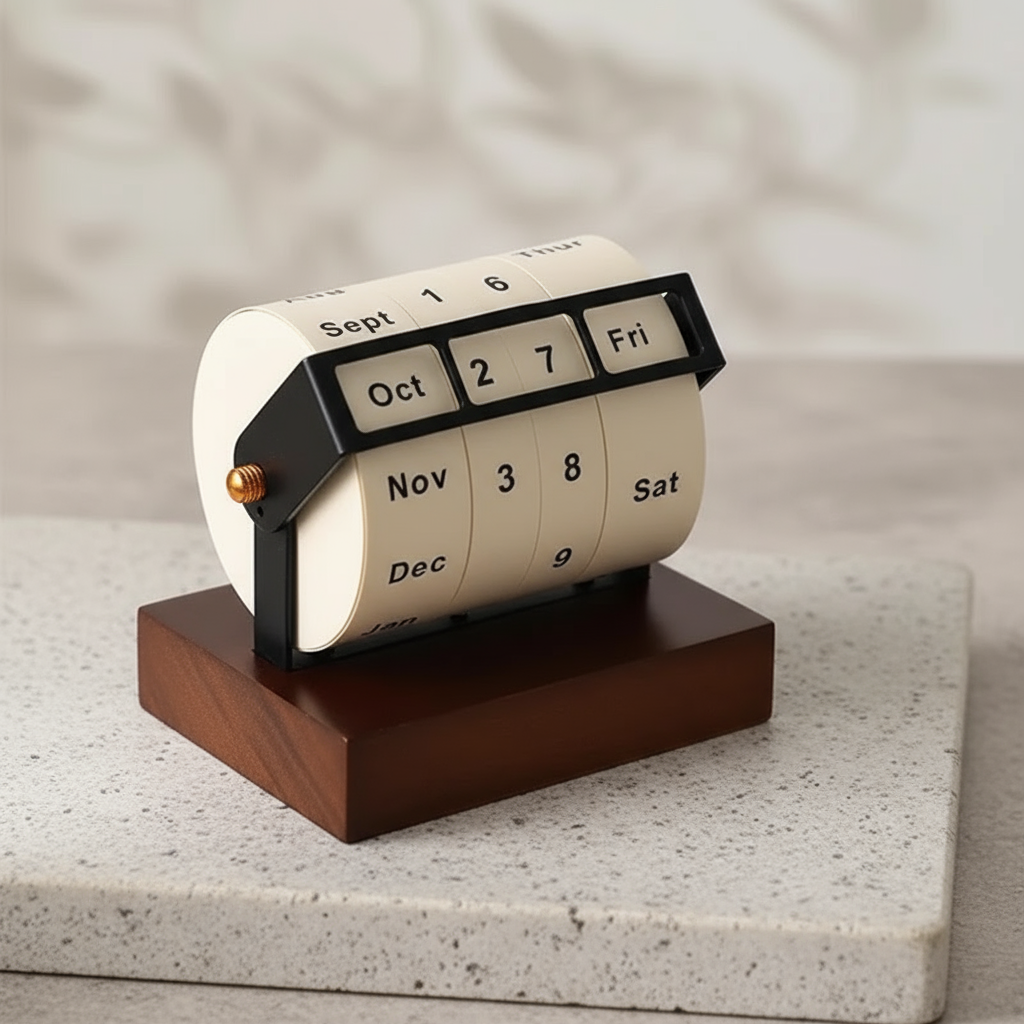 Mid-Century Rotating Wooden Perpetual Desk Calendar